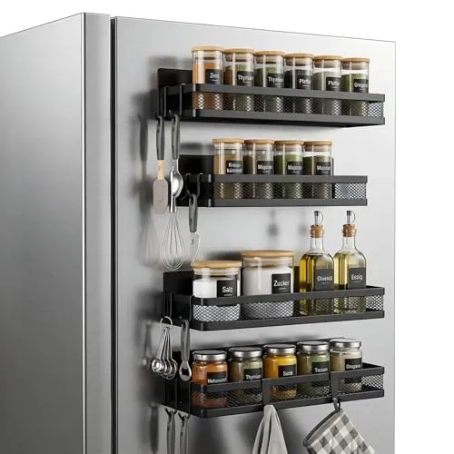 Cong.Lai Magnetisches Gewürzregal für Kühlschrank: 4 Pack Magnetregal, 2 große und 2 kleine Regale | Magnetisches Kühlschrankregal Platzsparende Küchenorganisation