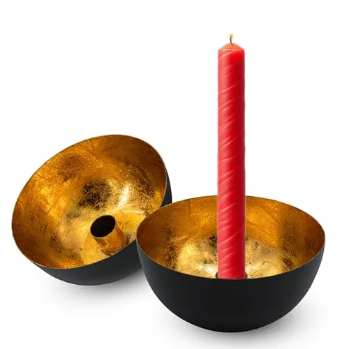 Spetebo Metall Kerzenhalter 13 cm schwarz matt und innen gold - 2er Set - Schale im orientalischen Design - Tisch Deko Kerzen Halter Lichtschale marokkanisch