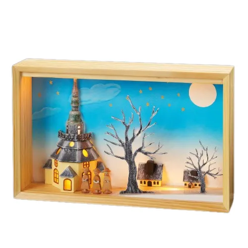 LED Leuchtbild Holz Deko Weihnachten Kirche Motiv Winter warmweiß 10 LED Trafo