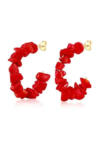 Elli Ohrringe Damen Creolen Rot Koralle Beads - Ohrringe für Damen aus vergoldetem 925 Sterling Silber, handgefertigt und anlaufgeschützt. Trendige Creolen mit Koralle Beads, perfekt für jeden Anlass.