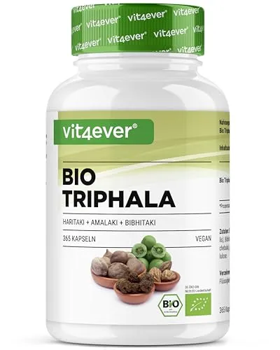 Bio Triphala - 500 mg, 365 Kapseln - Nahrungsergänzungsmittel mit 10:1-Extrakt aus drei ayurvedischen Früchten – ideal für eine nachhaltige Gesundheit und 100 % vegan ohne Zusätze.