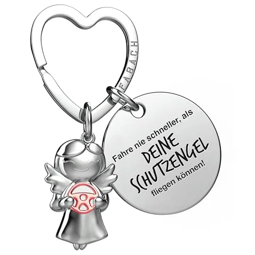 FABACH Fahr vorsichtig Schutzengel Schlüsselanhänger mit Lenkrad und Gravur - Auto Engel Glücksbringer - Führerschein Geschenk für Autofahrer
