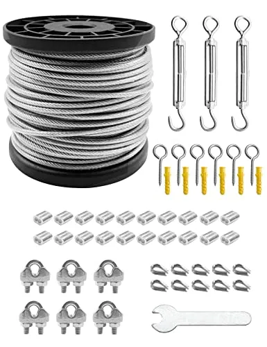 3mm 30M Rankhilfe Drahtseil 304-Edelstahl Stahlseil, PVC-ummantelt 3mm Stahldraht 2mm 3x Spannschloss M5 Haken Öse, 10 X Drahtseil kauschen, 20x Drahtseilklemmen, 6*Bügelklemmen M3, 53 tlg