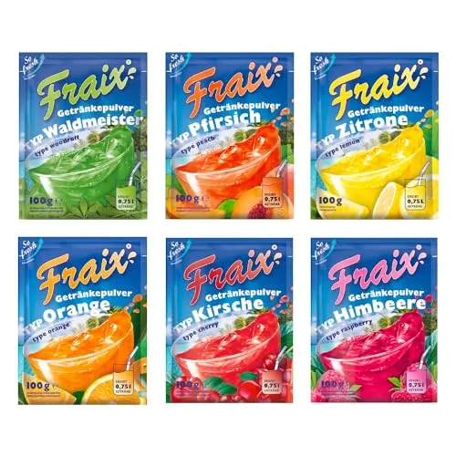 FRAIX Getränkepulver 6 Sorte Mixed (30er Pack x 100g) - Alkoholfreies Erfrischungsgetränk mit 6 köstlichen Geschmacksrichtungen, angereichert mit Vitamin C, ideal für erfrischende Getränke zu Hause oder unterwegs.