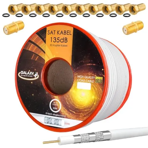 HB-DIGITAL SET 50m Koaxial SAT Kabel 135db Weiß + 10x F-Stecker & 2x F-Verbinder vergoldet | CU Kupfer Satellit Antennenkabel 5-Fach geschirmt für DVB-S/S2 -C/C2 -T/T2 DAB+ Radio BK Anlagen