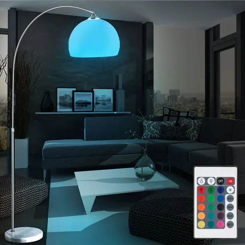Höhenverstellbare LED Bogen Stehlampe mit Marmor-Sockel - Moderne Stehleuchte mit dimmbarer RGB-Funktion und 15 Farben, ideal für Wohnzimmer, Schlafzimmer oder Esszimmer. Inklusive Fernbedienung für komfortable Steuerung.