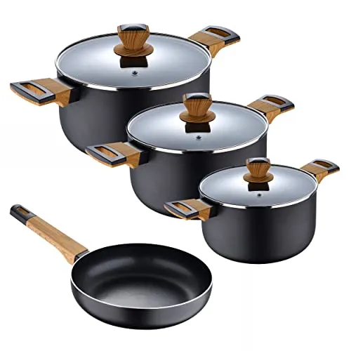 BERGNER EARTH BLACK - 7er-Set Aluminium-Presskochgeschirr - Töpfe mit ILAG Premium Antihaftbeschichtung, leichtes Aluminium für effiziente Wärmeverteilung und ergonomische Holzgriffe für müheloses Handling. Ideal für alle Herdarten.
