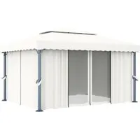 vidaXL Pavillon 4x3 m Cremeweiß mit Vorhang - Eleganter Pavillon aus Aluminium mit doppeldach Design für optimale Luftzirkulation. Inklusive Vorhängen und Mückennetzen für zusätzlichen Schutz und Privatsphäre. Ideal für Gartenpartys und entspannte Familienzeiten.