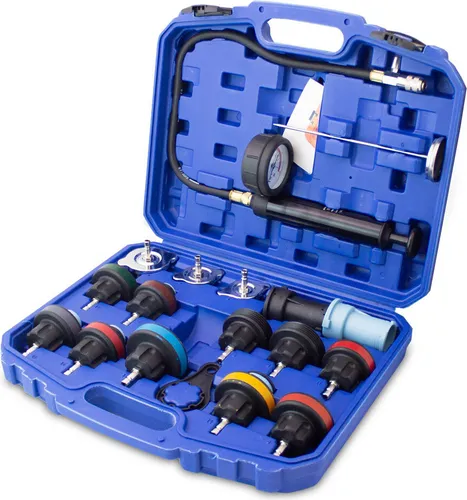 BITUXX KFZ Kühlsystem Abdrückgerät - 18-teiliges Kühlsystem Leckprüfgerät für alle gängigen PKW, inkl. 15 Adapter und Temperaturfühler für präzise Druckprüfungen bis 2,5 bar.