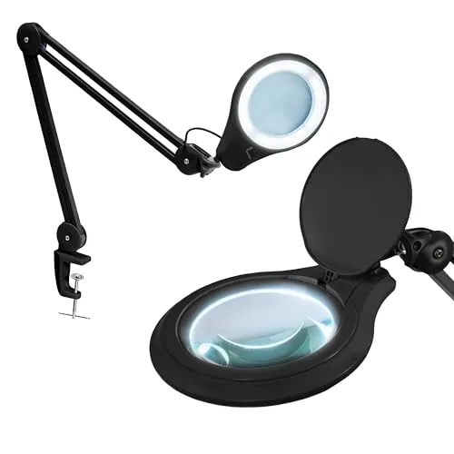 Neatfi LED-Lupenlampe mit Klemme, 1.200 Lumen – 12,7 cm 8-Dioptrien-Glaslinse, dimmbares Arbeitslicht | Verstellbarer Arm | Lesen, Nähen & Basteln (Schwarz, 8 Dioptrien)