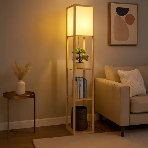 Moderne Standleuchte mit Holzregal und Textilschirm, 159 cm - Elegante Stehlampe für Wohnzimmer und Arbeitszimmer, mit praktischem Holzregal. Ideal zur stimmungsvollen Beleuchtung und für zusätzlichen Stauraum.