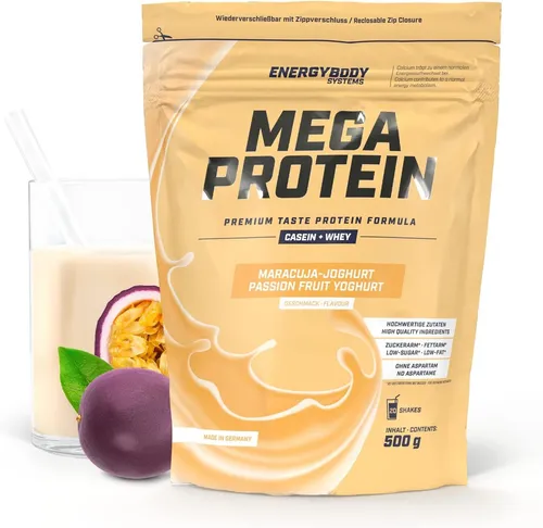 Energybody Systems Mega Protein Pulver - Maracuja-Joghurt - Leckeres Eiweißpulver mit Whey und Casein für den Muskelaufbau. Ideal nach dem Training, aspartamfrei und einfach in der Zubereitung.