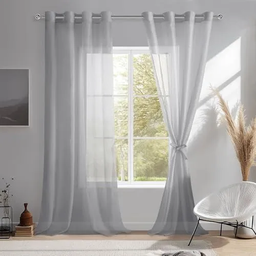DWCN Vorhänge Voile mit Ösen Gardine Sheer Transparente aus Voile Polyester Ösenschal Transparent Wohnzimmer 2er Set, Grau, 260x140cm(HxB)