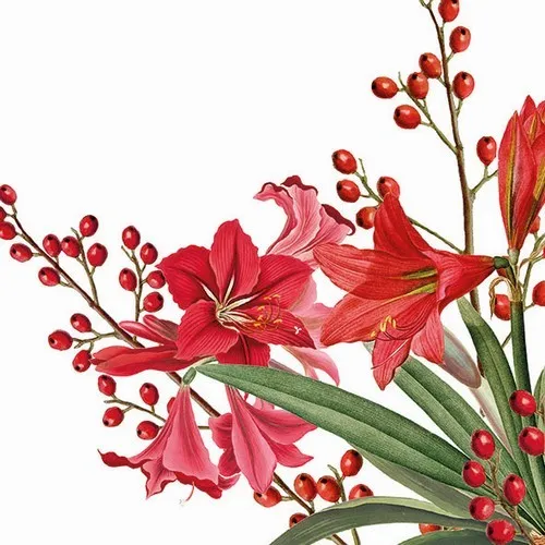 Servietten Christmas Bouquet white Amaryllis Blumen Beeren rot Deko 33x33cm 20