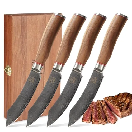 Zayiko 4er Steakmesser-Set - 12 cm Klingen aus Damaststahl - Küchenmesser mit exquisiten Nussbaumgriffen, perfekte Schärfe für Fleischliebhaber und Grillmeister, in edler Holzbox.