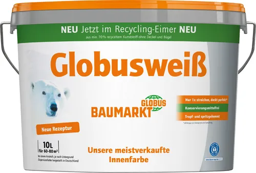 Globusweiß Wandfarbe matt 10 L – Konservierungsmittelfrei - Hochwertige matte Wandfarbe in klassischem Globusweiß, ideal für ein angenehmes Raumklima. Konservierungsmittelfrei und leicht zu verarbeiten für ein perfektes Ergebnis.