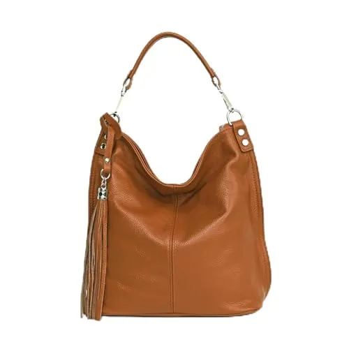 OBC Made IN Italy Damen XL Leder Tasche Business Shopper Schultertasche Ledertasche Umhängetasche Handtasche Nappaleder Cognac