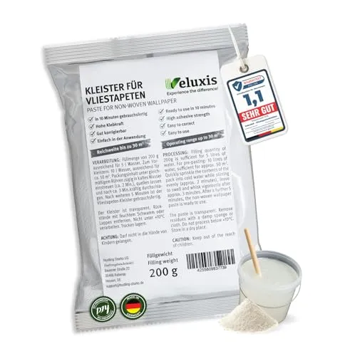 Veluxis® Vliestapetenkleister, Tapetenkleber – Kleister Vliestapete, gebrauchsfertig in 10 Min, STARKE KLEBKRAFT, 1 Beutel reicht für 30 m², fleckenfrei & korrigierbar