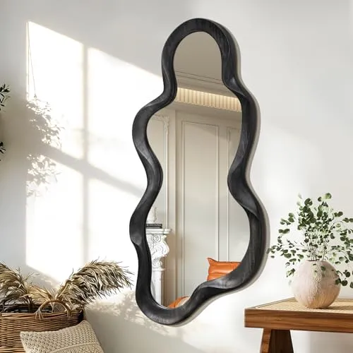 Produktbild Schwarzer asymmetrischer Spiegel für Wand unregelmäßiger Holzrahmen Moderner künstlerischer Wandspiegel Dekorative Badezimmer Wohnzimmer Schlafzimmer Flur Netter und stilvoller Wolkenspiegel Große