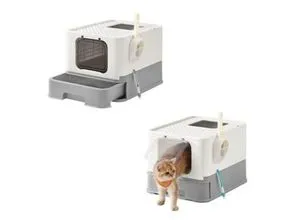 FEANDREA 2er Katzentoilette mit Deckel in Weiß/Grau - Praktische Katzentoilette mit ausziehbarer Schublade für einfache Reinigung. Das Gitter-Design minimiert Schmutz und sorgt für ein sauberes Zuhause. Ideal für große Katzen mit robustem Design.