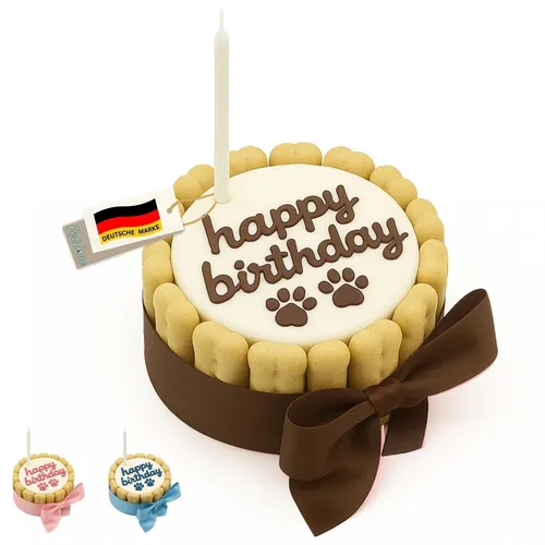 PetLove Hundetorte Happy Birthday - Geburtstagskuchen für Hunde - Kausnacks & Leckerlis, perfekter Geburtstagskuchen für deinen Hund, inklusive Kerze für die festliche Überraschung.