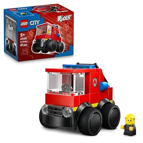 LEGO City Rides – Fire Engine Toy - Emergency Vehicles Building Set w/a Firefighter Junior Minifigure - Party Bag Fillers - Small Collectible Gift for 5+ Year Old Boys - 60482