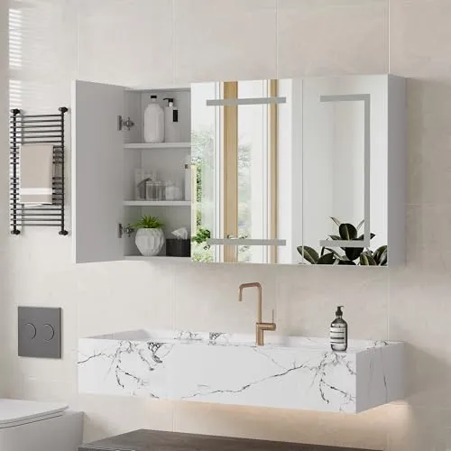 Spiegelschrank Bad mit Beleuchtung, LED Badschrank mit Spiegel und Ablage, 3 Farbtemperaturen & Dimmbare Helligkeit, Touch-Schalter, Spiegelschrank Bad mit Verstellbarem Regal (Weiß-100x60x13,5 cm)