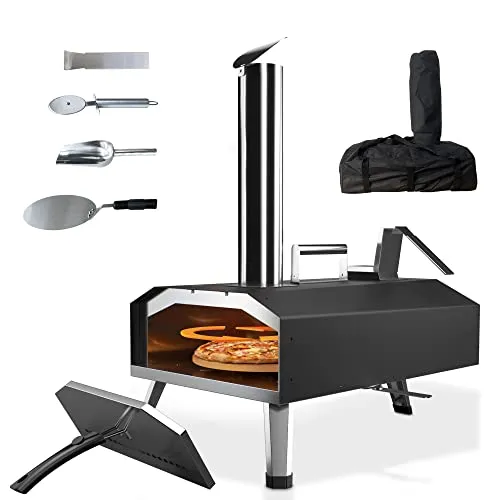 KitchenBoss Pizzaofen Outdoor Pizzaöfen Tragbar: Edelstahl Pizza-Backofen, Holzpellet angeheizter Pizza Ofen mit 30.5 cm Pizzastein für Garten Terrasse, Hinterhof, Camping 12-Zoll
