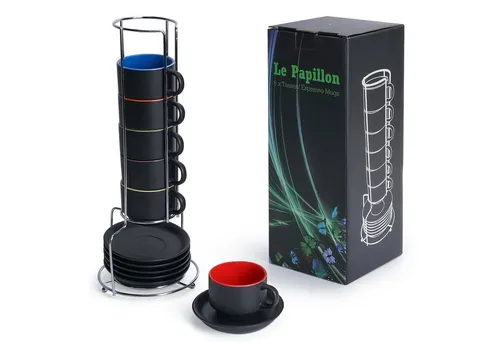 MiaMio Espressotasse Set 6 x 75 ml - Schwarz und Bunt - Espressotassen Set aus 6 hochwertigen Steingut-Tassen, mikrowellenfest und spülmaschinenfest. Edles matt-schwarzes Äußeres und glänzende Innenseiten in lebendigen Farben sorgen für ein besonderes Kaffeeerlebnis.