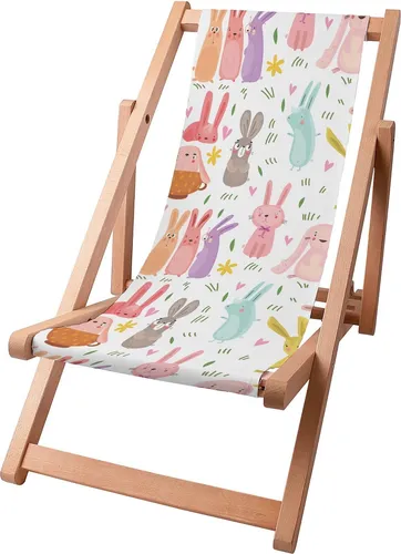 Dreamroots Kinder Liegestuhl klappbar Holz, bis zu 130 kg, Sonnenliege klappbar mit 3-stufiger Neigungsregulierung der Rückenlehne, Colorful Rabbits