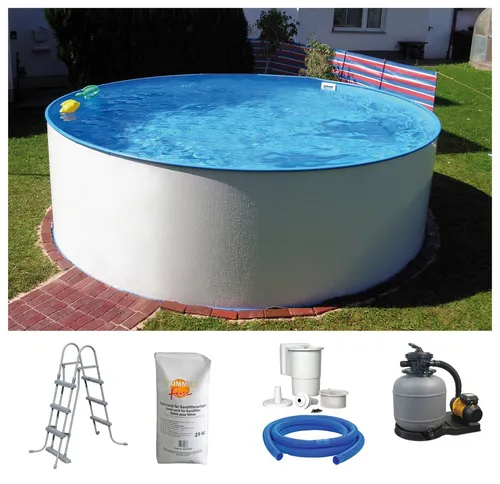 Clear Pool Rundpool RIO Set (5-tlg) - Rundes Aufstellbecken aus Stahl mit 8.000 l Füllmenge, inklusive Sandfilteranlage und Sicherheitsleiter für unbeschwerten Badespaß im eigenen Garten.