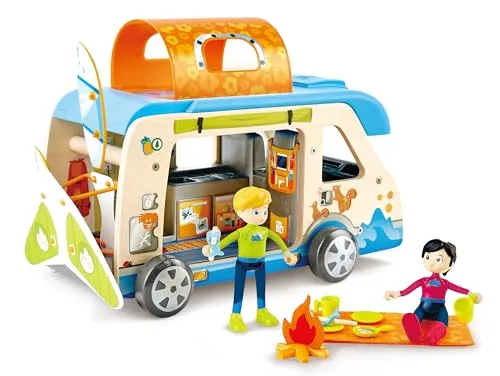 Hape Abenteuer-Van | Wohnmobil mit Puppen und Zubehör, der Camper ist aufklappbar, ab 3 Jahren
