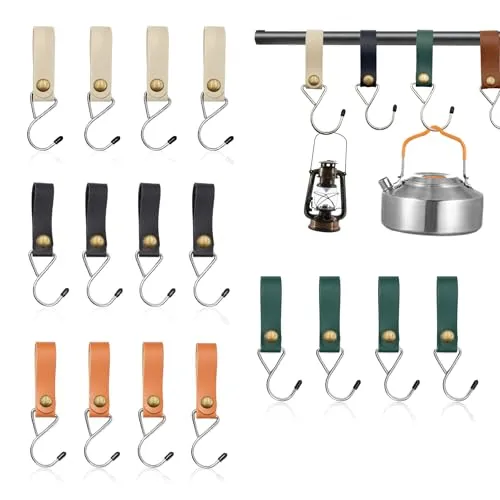 MHYMX Leder S Haken, 12 Stück Haken für Kleiderstange S Haken mit Lederschlaufe Metall S Förmige Haken zum Einhängen 16 X 2 cm Multifunktionshaken für Garderobe Camping Kinderwagen