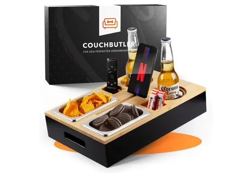Couchbar Snackbox aus Bambus - Personalisierbar & Praktisch - Snackschalen & Dipschalen: Elegantes Sofa-Tablett mit 2 Edelstahl-Schalen, Getränkehaltern und Handyhalterung - ideal für entspannte Abende auf der Couch!