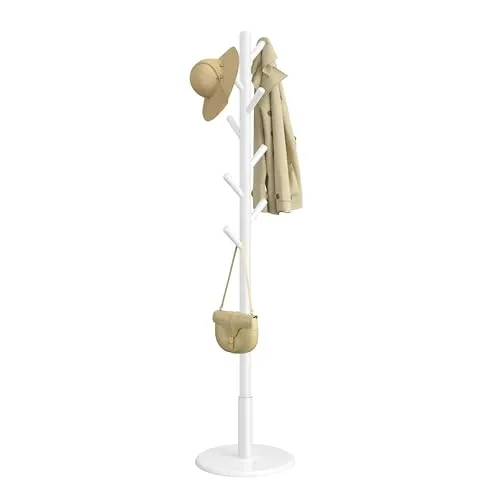 VASAGLE Garderobenständer, Kleiderständer Massivholz, Jackenständer Baumform, 8 Haken für Jacken, Hüte, für Flur, Haken und Haltestange aus Kautschukholz, wolkenweiß RCR009WH01