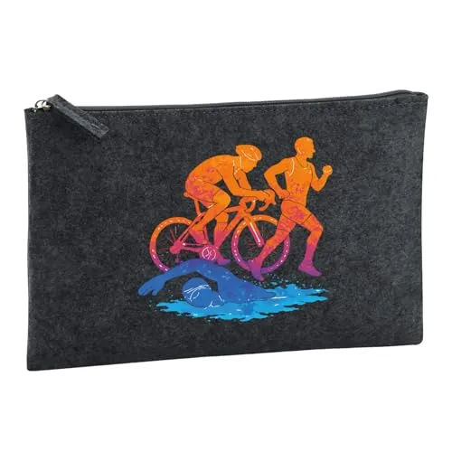 Huuraa Kulturbeutel Triathlon Bunte Silhouette 1 Liter Charcoal Filz Kosmetiktasche Geschenkidee
