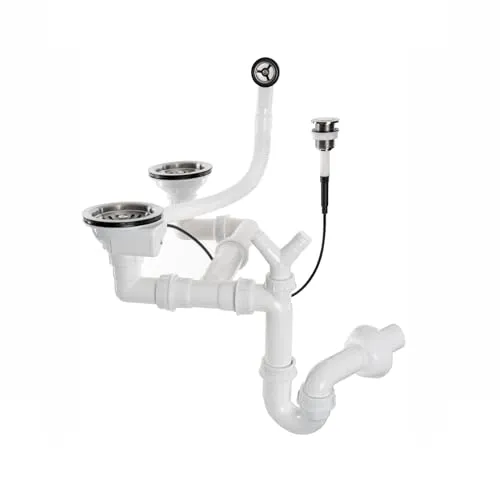 Siphon Abflussgarnitur QUADRON - Automatischer Druckknopf-Siphon für Doppelbecken, korrosionsbeständig und platzsparend für optimalen Raum im Spülenschrank