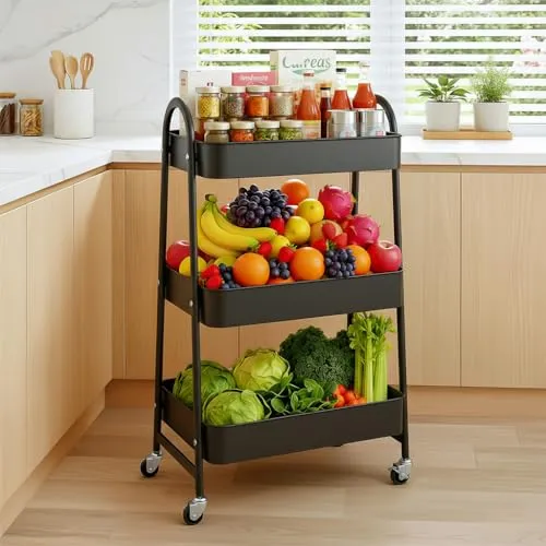 OrderlyGo Metall-Aufbewahrungswagen–3-stöckiger Rollwagen mit Rädern, Küchenwagen, Gemüsegestell, Utility-Rollwagen, mobiles Regal für Küche, Badezimmer, Büro Schwarz