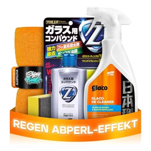 Auto Glaspolitur Set: Soft99 Glass Compound Z (100ml) + Soft99 Glaco De Cleaner (500ml) Glasreiniger + Mikrofasertuch - Regenabweiser mit Abperleffekt für verbesserte Sicht bei Regen | 3-teilig