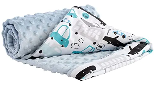 Medi Partners Krabbeldecke 100% Baumwolle 75x100cm doppelseitig multifunktional Minky Kuscheldecke für Kinderwagen weich flauschig (Cars mit hellblau Minky)