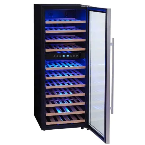 PKM Weinkühlschrank Vinothek WKS72B/ 5-18 °C/ 11 Holzeinschübe/ 192L Nutzinhalt/Platz für 73 Flaschen Wein/Soft-Touch Bedienfeld/LED-Beleuchtung/41 dB/ 128x50cm/ Edelstahl