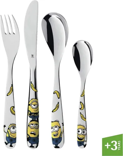 WMF Minions Kinderbesteck Set 4-teilig - Besteck-Set für Kinder ab 3 Jahren, ergonomisch gestaltet und aus rostfreiem Cromargan Edelstahl, ideal für selbstständiges Essen und als persönliches Taufgeschenk.