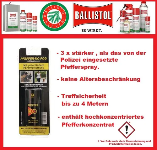 BALLISTOL Pfefferspray Tierabwehrspray KO Spray Gas Spray 40 ml mit Gürtelclip
