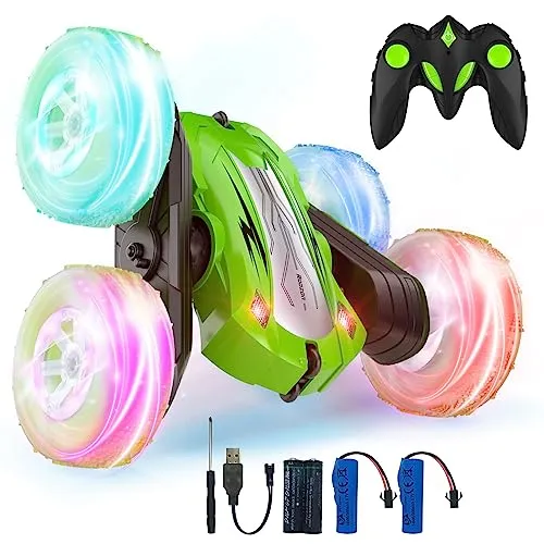 Rodzon Ferngesteuertes Auto 6 7 8 9+ Jahre Spiele LED Blinken RC Auto Spielzeug Jungen Mädchen Geschenke Kinder Toy 2.4Ghz 4WD 360° Flipper Drift RC Car mit 2 Aufladbarer Batterien (Grün)