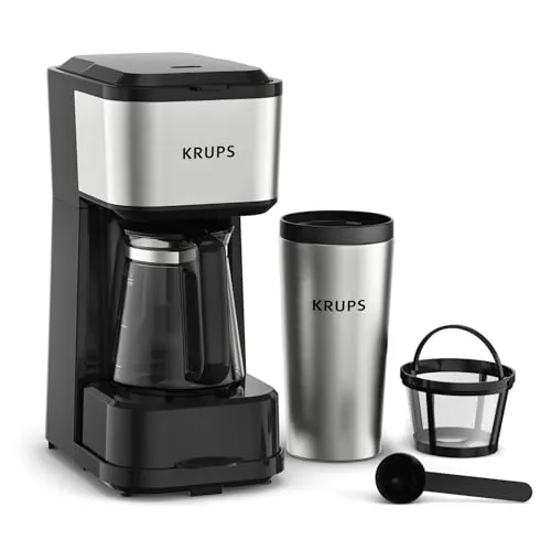 Krups Simply Brew Kaffeebereiter 3 in 1 - Kaffeemaschine mit 3 Brühoptionen: Genießen Sie Kaffee aus der hitzebeständigen Glaskaraffe oder dem doppelwandigen Edelstahl-Reisebecher. Perfekt für unterwegs und für bis zu 3 Tassen gleichzeitig.