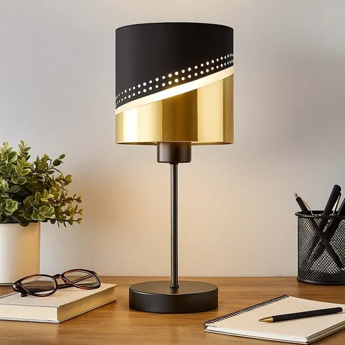 Elegante Tischleuchte Schwarz-Matt mit Gold-Akzenten - Tischleuchte aus mattem Metall und Textilschirm, der sanftes Licht filtert. Ideal für Wohnzimmer oder Nachttisch. Mit Wippschalter und 1500 mm Kabel für einfache Bedienung.