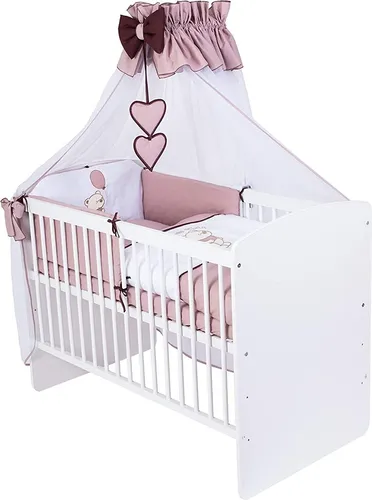 KMbaby Babybett K2 weiss 120x60 mit 10tlg Bettwäsche Set Matratze Gitterbett Teddybär mit Ballon braun