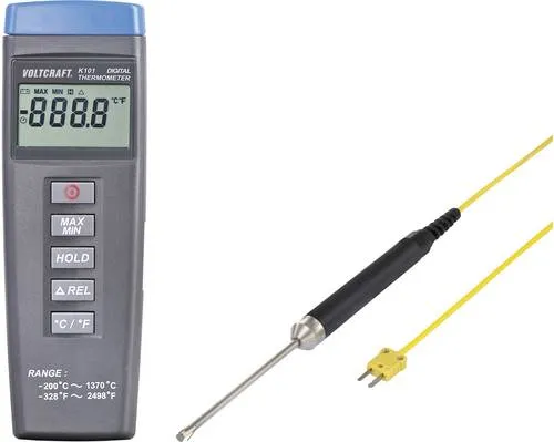 VOLTCRAFT K101 + TP 207 Temperatur-Messgerät - Temperaturmessgerät für professionelle Anwendungen, ideal für Oberflächenmessungen von -100 bis 300°C mit präzisem Typ K Fühler für schwer zugängliche Stellen.