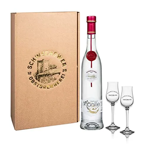 Obstbrand Marille 0,5l + 2 Obstbrandgläser Geschenkkarton (40% Vol) | Marillenbrand Geschenkset mit Gläsern