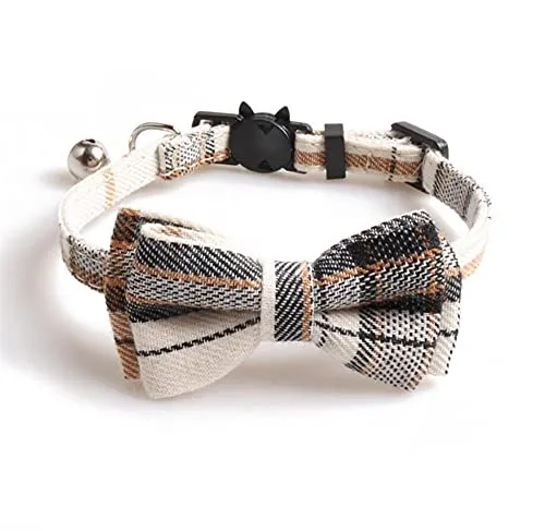 DUORUIMI Katzenhalsband mit Karomuster, Glöckchen, Fliege, Sicherheits-Schnellverschluss, verstellbar 20-28cm, für Kätzchen und Erwachsene, weiß
